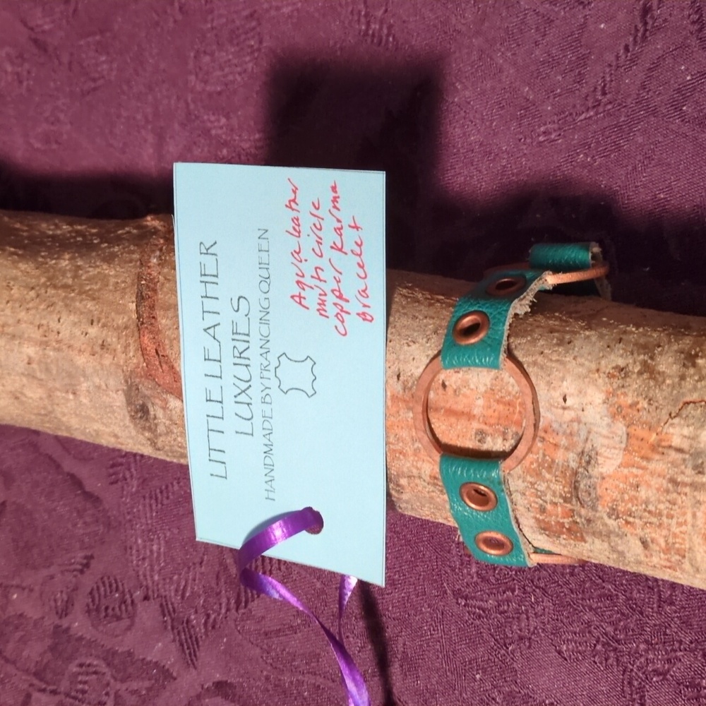 Handmade Genuine Leather Copper Karma Multi Circle Bracelet Aqua